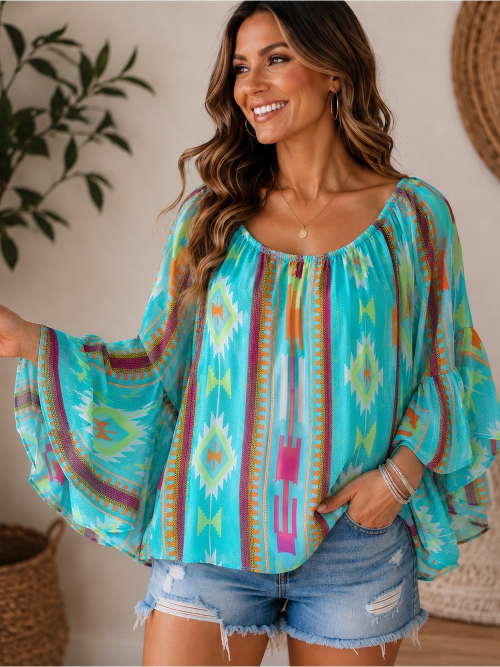 Turquoise Patterned Peasant Blouse with Bell Sleeves - Women Tops